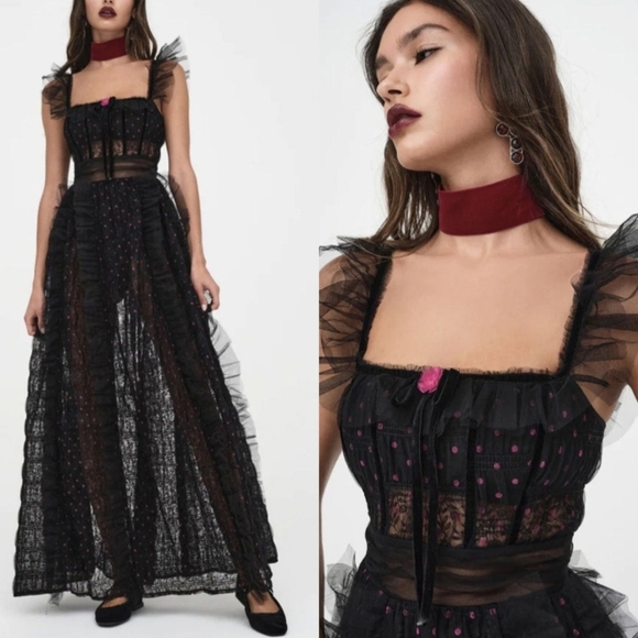 NWT For Love and Lemons Janelle Black Pink Polka Dot Tiered Ruffle Maxi Dress - Picture 1 of 14